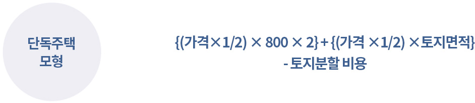 단독주택 모형 {(가격×1/2) × 800 × 2} + {(가격 ×1/2) ×토지면적} - 토지분할 비용