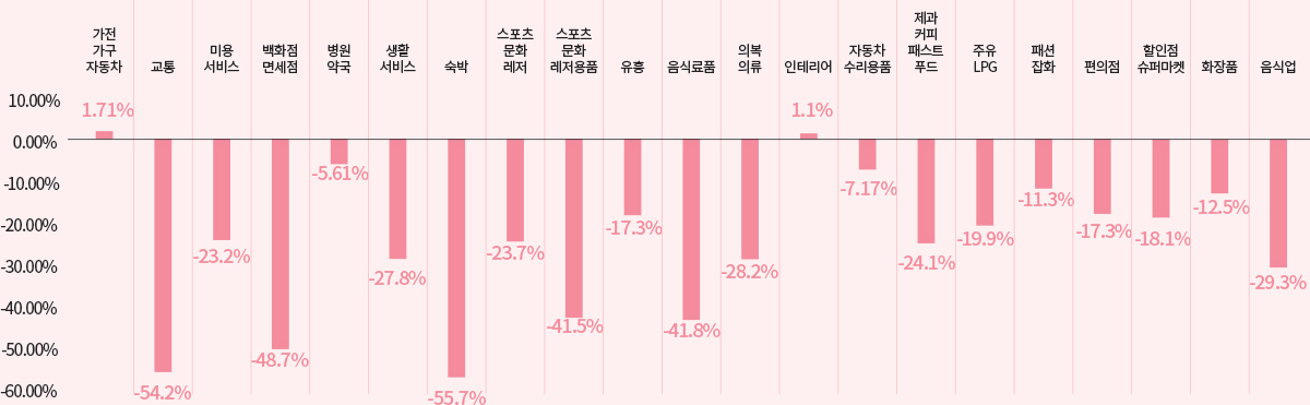 가전 가구 자동차 교통 미용 서비스 백화점 면세점 병원 약국 생활 서비스 숙박 스포츠 문화 레저 스포츠 문화 레저용품 유흥 음식료품 의복 의류 인테리어 자동차 수리용품 제과 커피 패스트푸드 주유 LPG 패션 잡화 편의점 할인점 슈퍼마켓 화장품 음식업 10.00% 40% -40% 0.00% 30% -30% -10.00% 20% -20% -20.00% 10% -10% -30.00% 0% -40.00% -50.00% -60.00% 1.71% -54.2% -23.2% -48.7% -5.61% -27.8% -55.7% -23.7% -41.5% -17.3% -41.8% -28.2% 1.1% -7.17% -24.1% -19.9% -11.3% -17.3% -18.1% -12.5% -29.3%